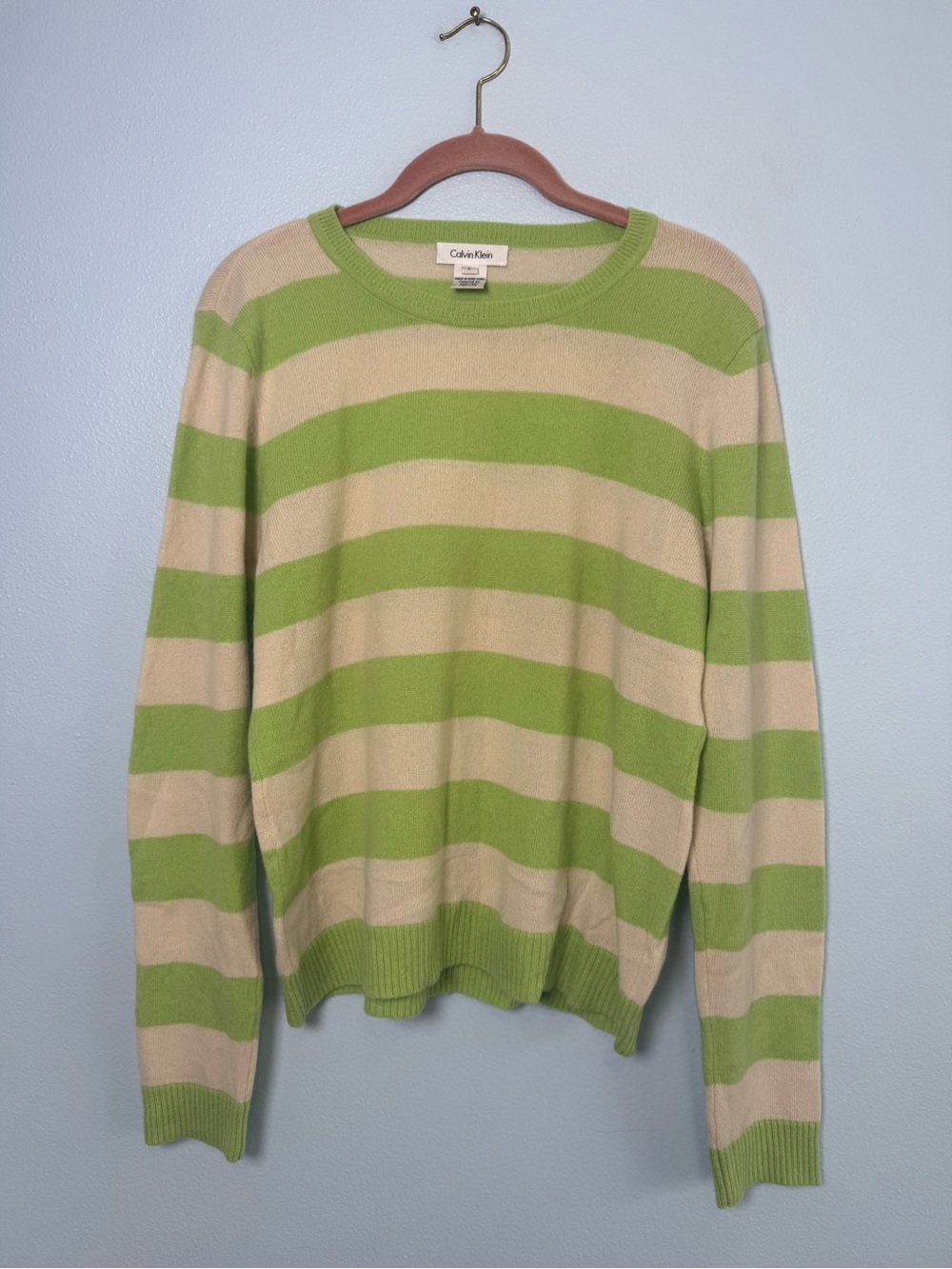 Calvin Klein Lime Green & Cream Striped Cashmere Sweater